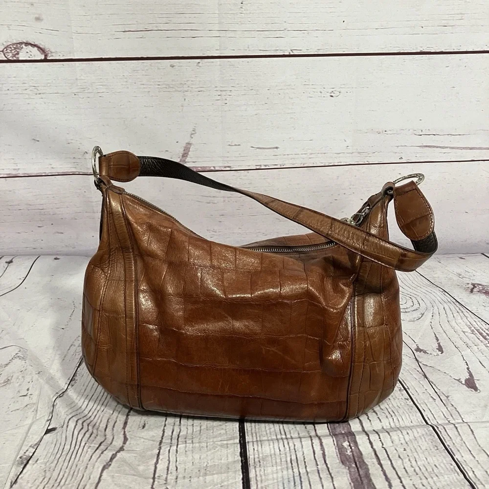 Brighton Cognac‎ Brown Croc Embossed Leather Shoulder Bag Hobo Top Zip